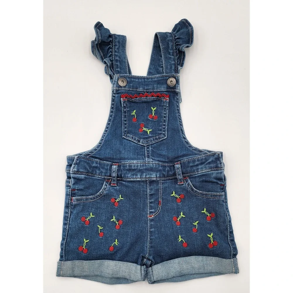 Gymboree Cherry Denim Ruffle Sleeve Overalls Shortalls 18-24 Months Kids EUC